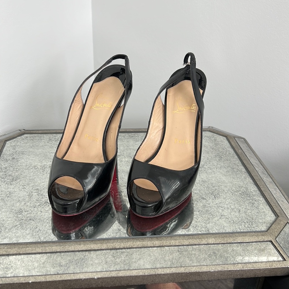 Christian Louboutin Black Patent Leather Private Peep Toe Sling Pumps